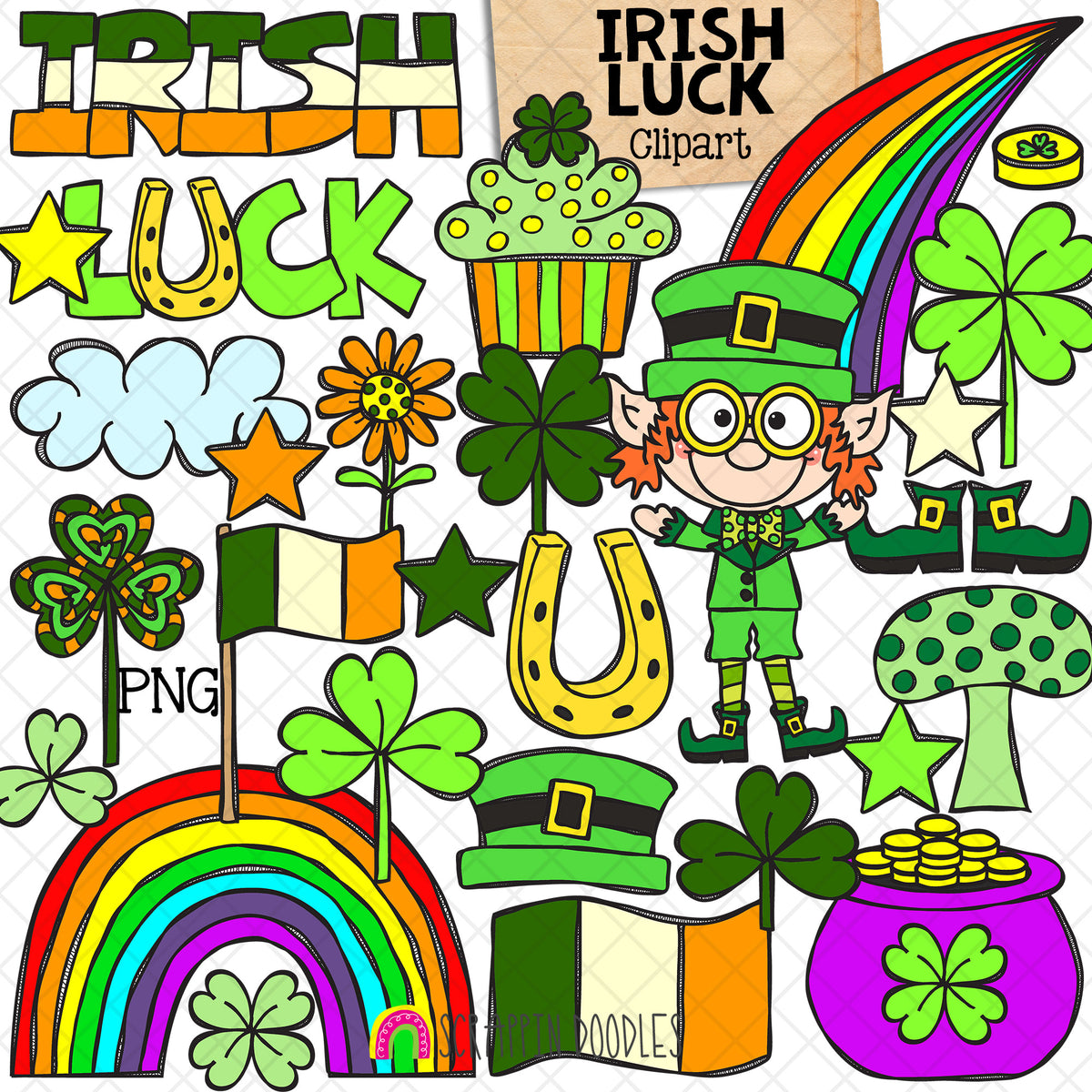 Irish Luck ClipArt - St Patricks Day - Leprechaun - Pot of Gold - Horseshoe - Rainbow - Four Leaf Clover - Commercial Use - PNG - CU PNG Sublimation