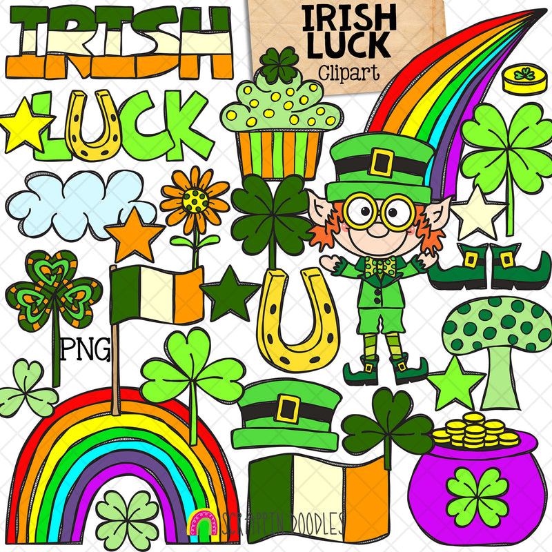 Irish Luck ClipArt - St Patricks Day - Leprechaun - Pot of Gold - Horseshoe - Rainbow - Four Leaf Clover - Commercial Use - PNG - CU PNG Sublimation
