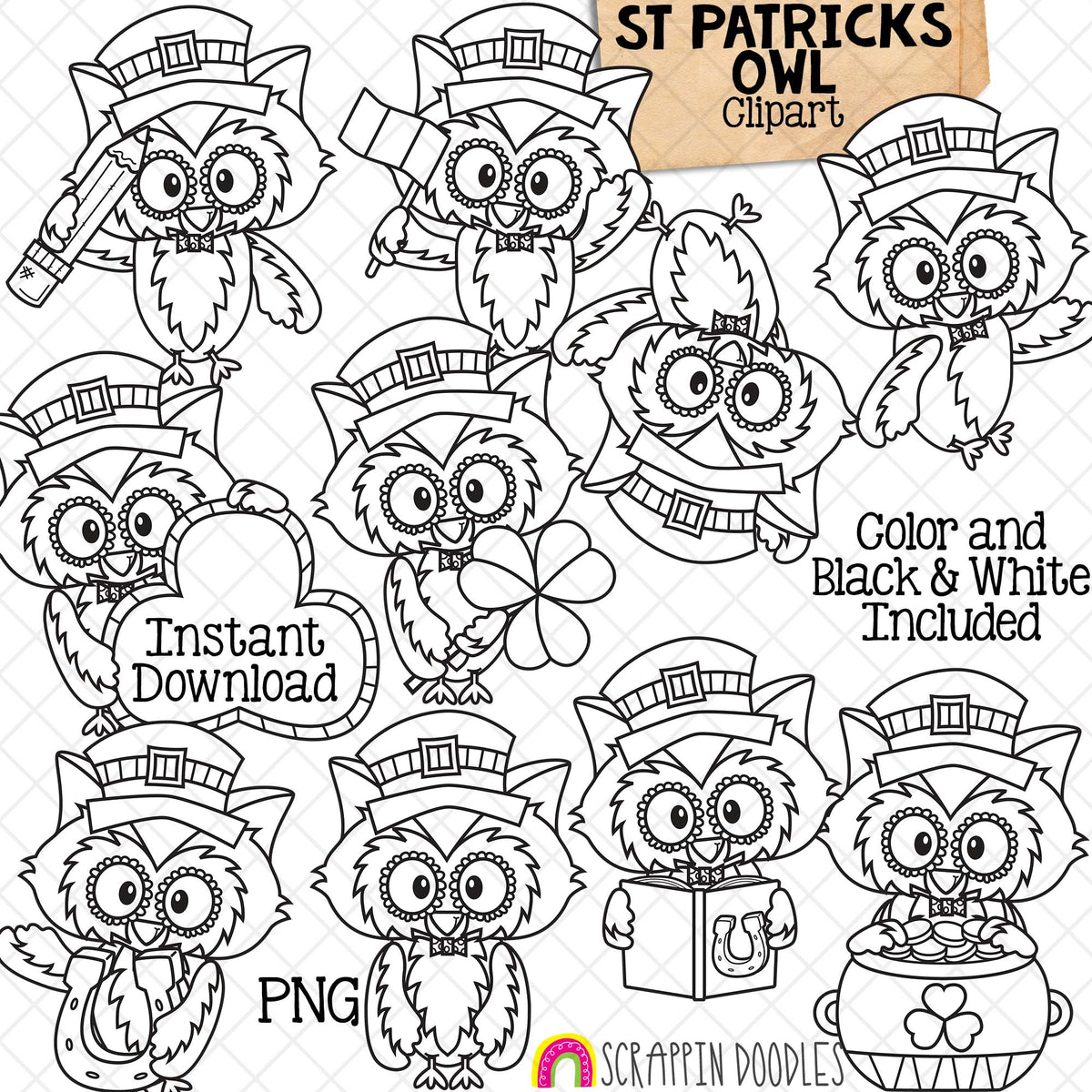 St Patricks Day Owls - ClipArt - Shamrock - Irish - CU PNG Sublimation