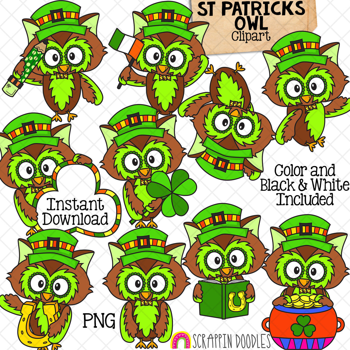 St Patricks Day Owls - ClipArt - Shamrock - Irish - CU PNG Sublimation