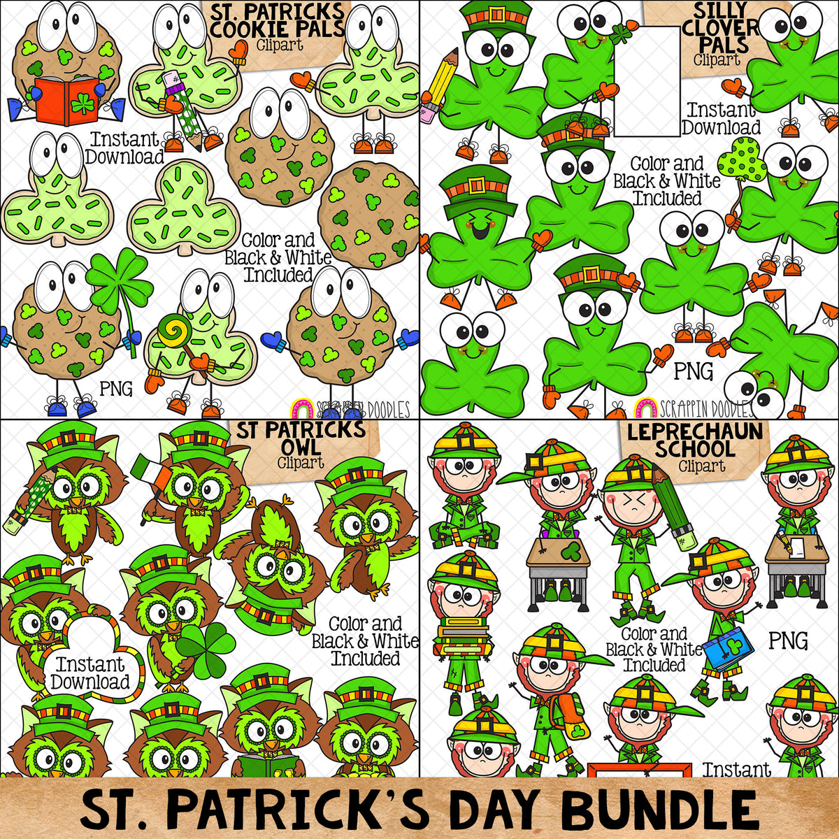 St. Patrick's Day Pals ClipArt Bundle - Cookies - Shamrocks - Leprechauns - Owls - CU PNG Sublimation