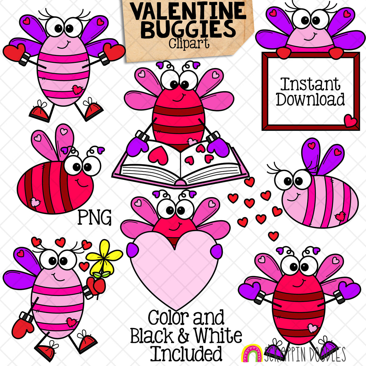 Valentine Buggy Pals ClipArt - Valentines Day - Bugs - Insects - Commercial Use - PNG Images