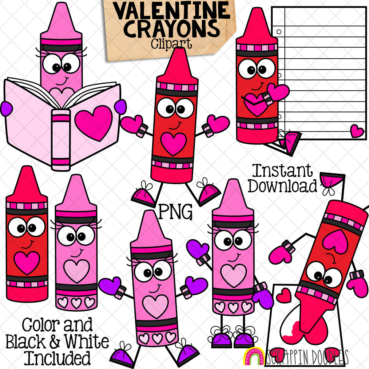 Valentine Crayons ClipArt - Valentines Day - Commercial Use - PNG Images