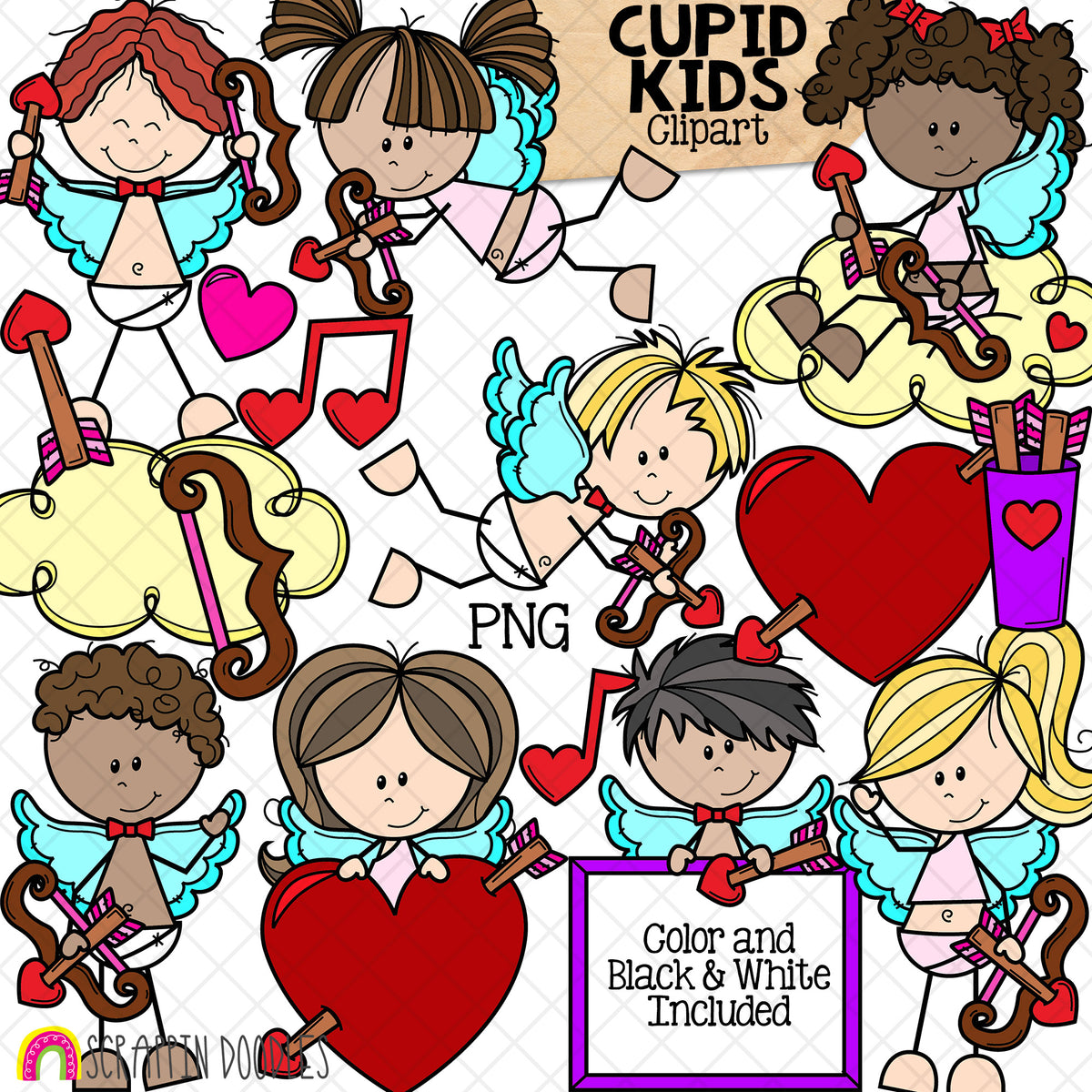 Cupid Kids ClipArt - Valentines Day - Bow - Arrow - Cloud - Commercial Use - PNG Images