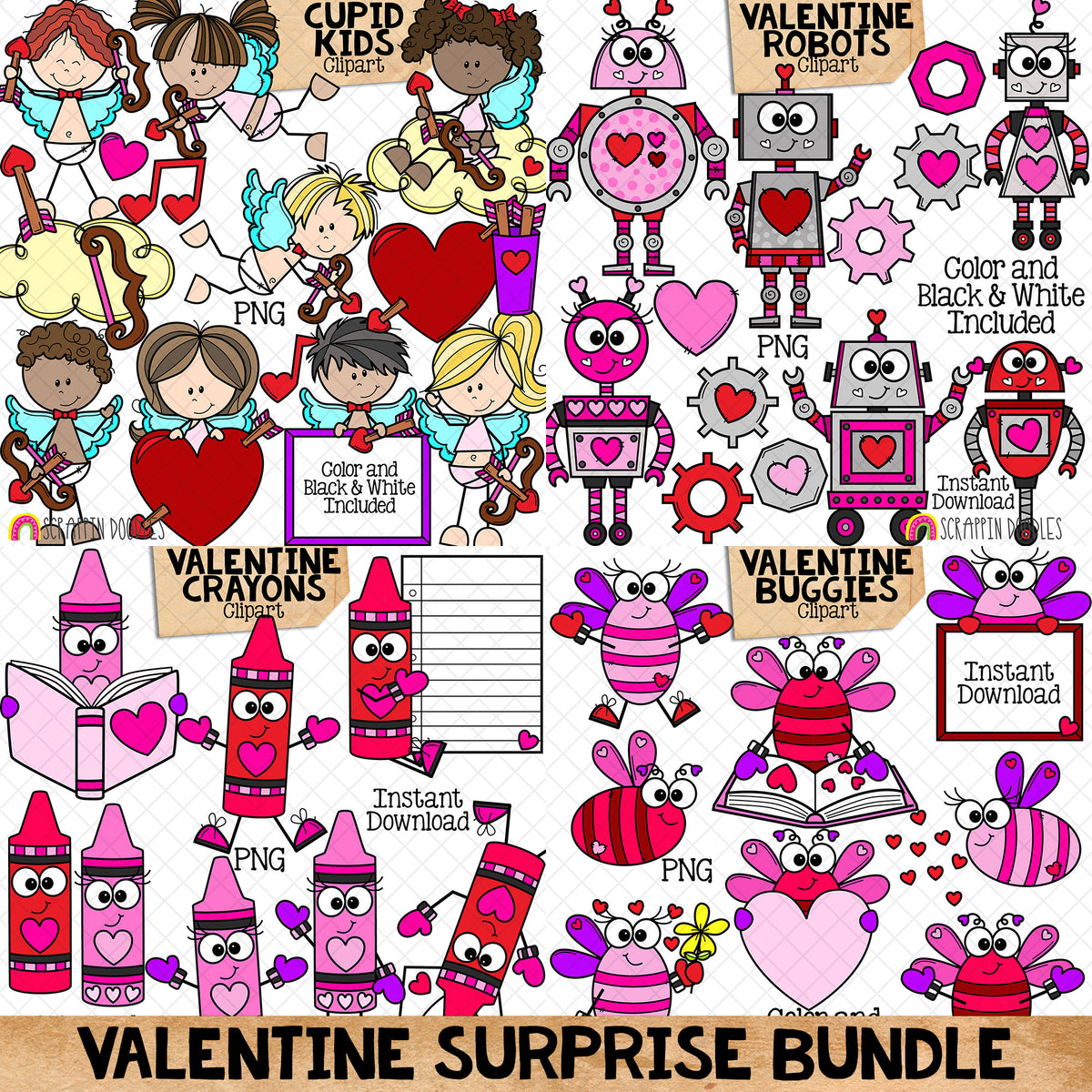 Valentine Surprise ClipArt Bundle - Cupid - Crayons - Bugs - Robots - CU PNG Sublimation