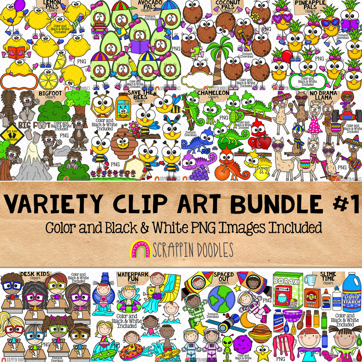 Variety Bundle #1 - Avocado - Big Foot - Slime - Llama - Lemons - Bees - Water Park - Space - Coconut -Pineapple - Chameleon - Kiddos - CU PNG Sublimation