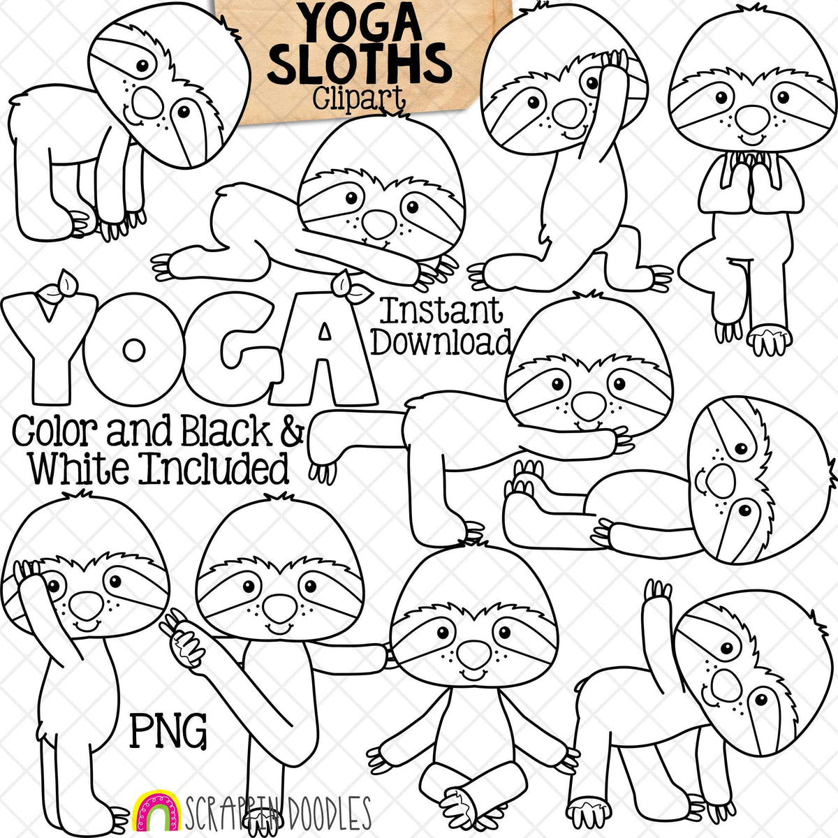 Sloth Yoga Clip Art - Animal Stretching Graphics - Doing Yoga Poses - Exercising - Fitness - Downward Dog - CU PNG Sublimation