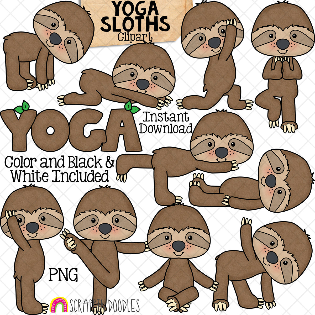 Sloth Yoga Clip Art - Animal Stretching Graphics - Doing Yoga Poses - Exercising - Fitness - Downward Dog - CU PNG Sublimation