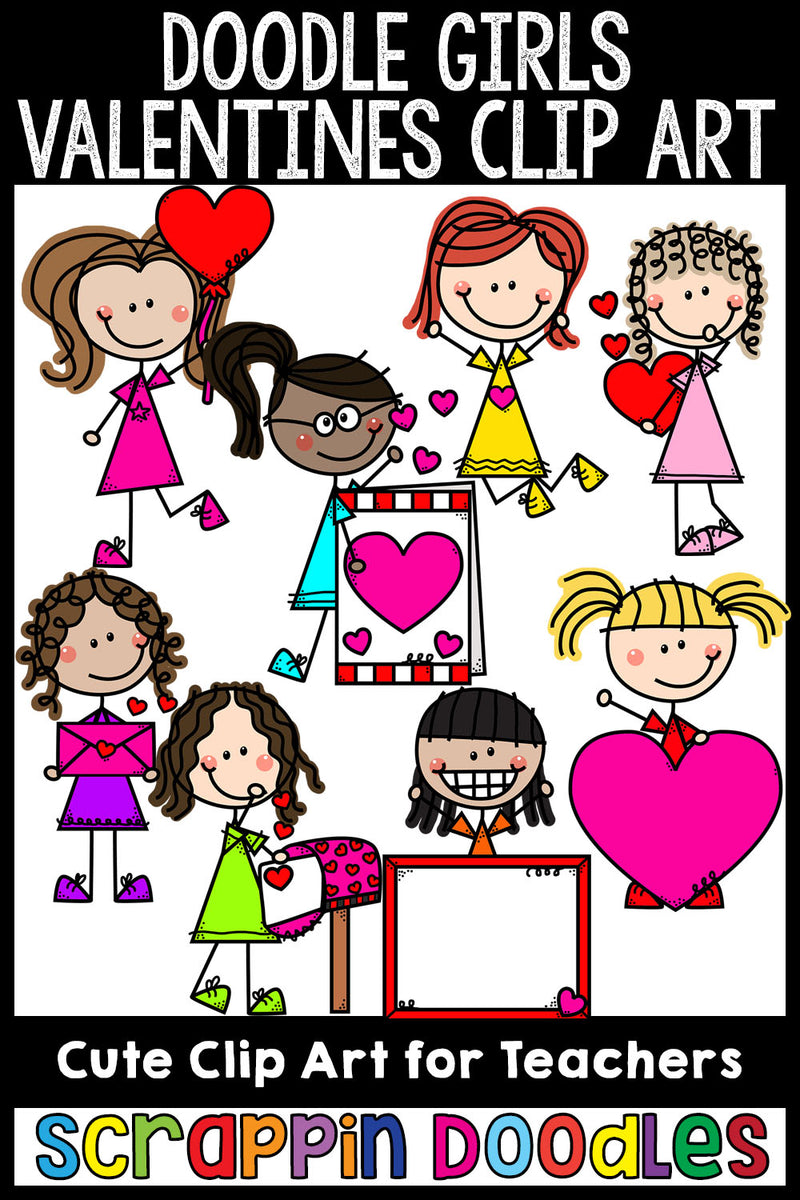Doodle Girls Valentines Clip Art Kids Commercial Use