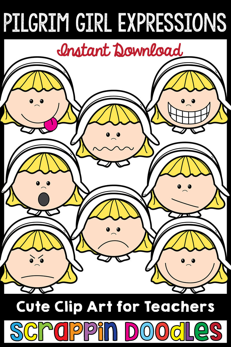 Pilgrim Girl Expressions Thanksgiving Clip Art