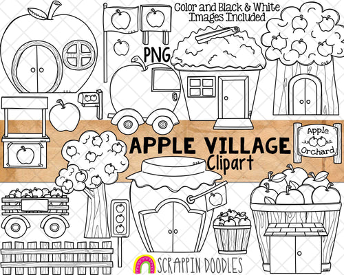 Apple Village Clip Art - Apple Orchard Town - Tree House - Apple Cart - Fruit Car - Commercial Use PNG