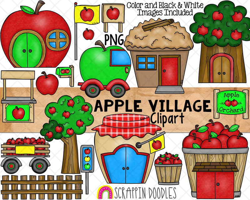 Apple Village Clip Art - Apple Orchard Town - Tree House - Apple Cart - Fruit Car - Commercial Use PNG