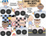 Baby Racing ClipArt - Baby Bottle Race Cars - Pink Blue Checkered Flag Patterns - Commercial Use PNG Sublimation