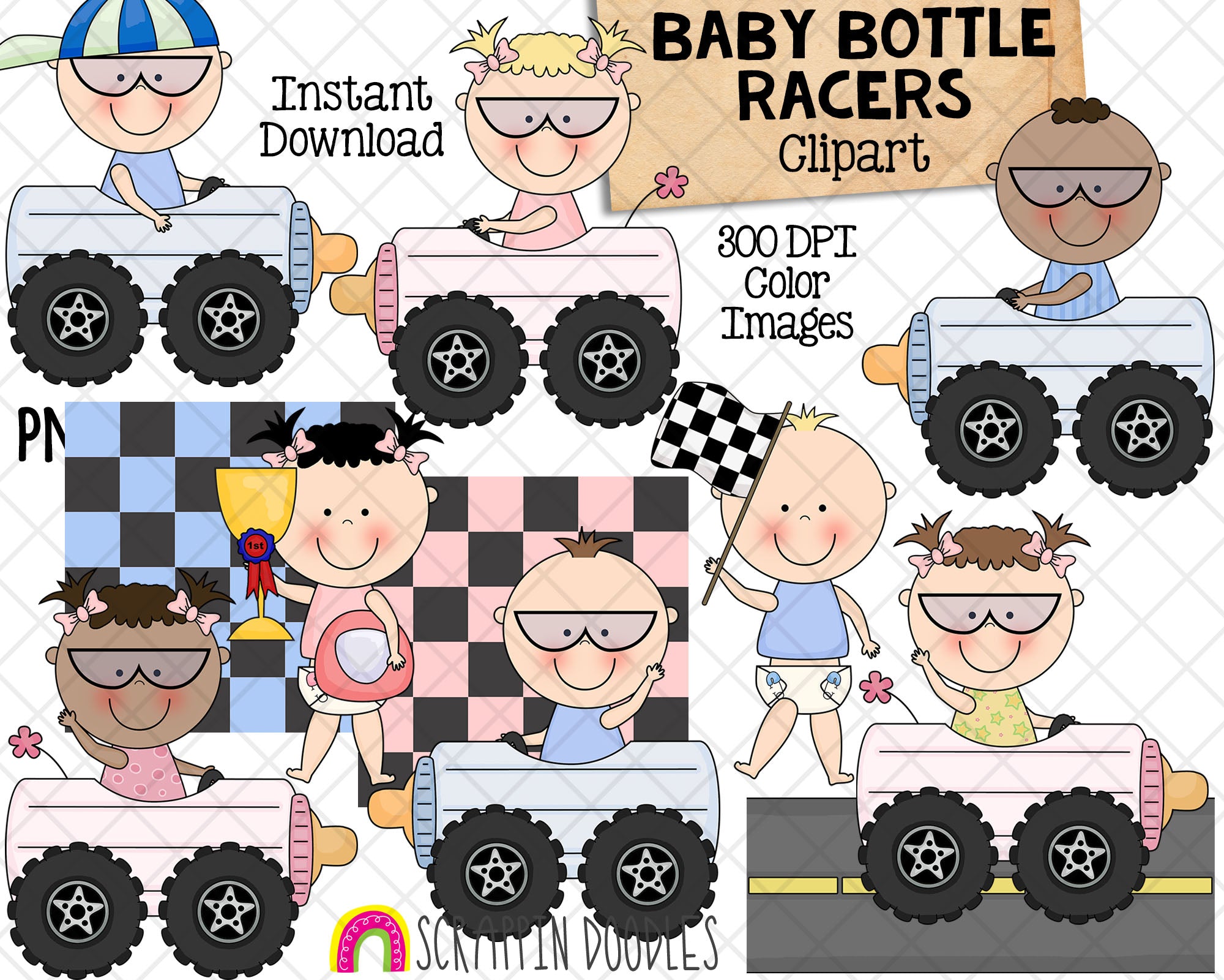 Baby Racing ClipArt - Baby Bottle Race Cars - Pink Blue Checkered Flag ...