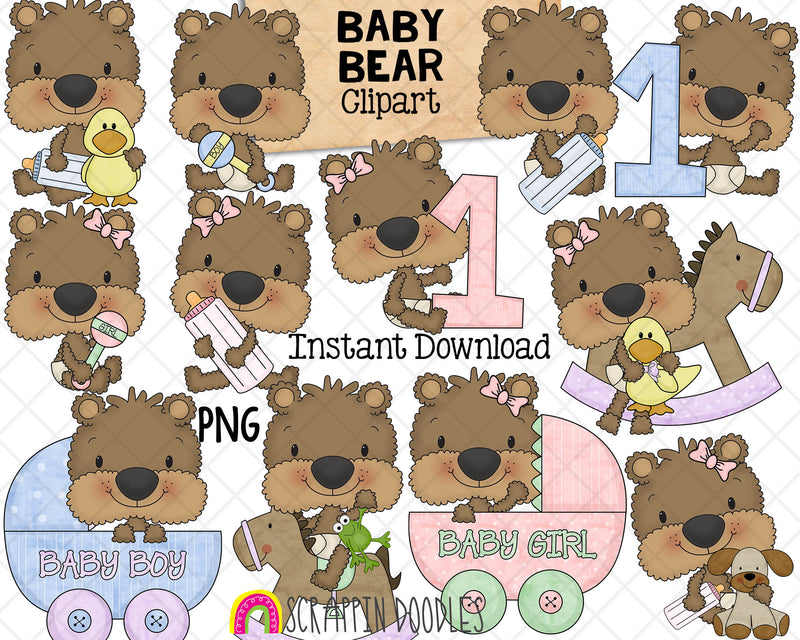 Cutie Bears Clip Art - Baby Shower Brown Bear Graphics - Hand Drawn PNG