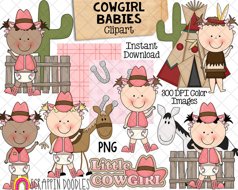 Cowgirl  Babies ClipArt - Baby Girl Cowboy Dress Up  - Western Baby Decor - Baby Shower - Commercial Use PNG Sublimation