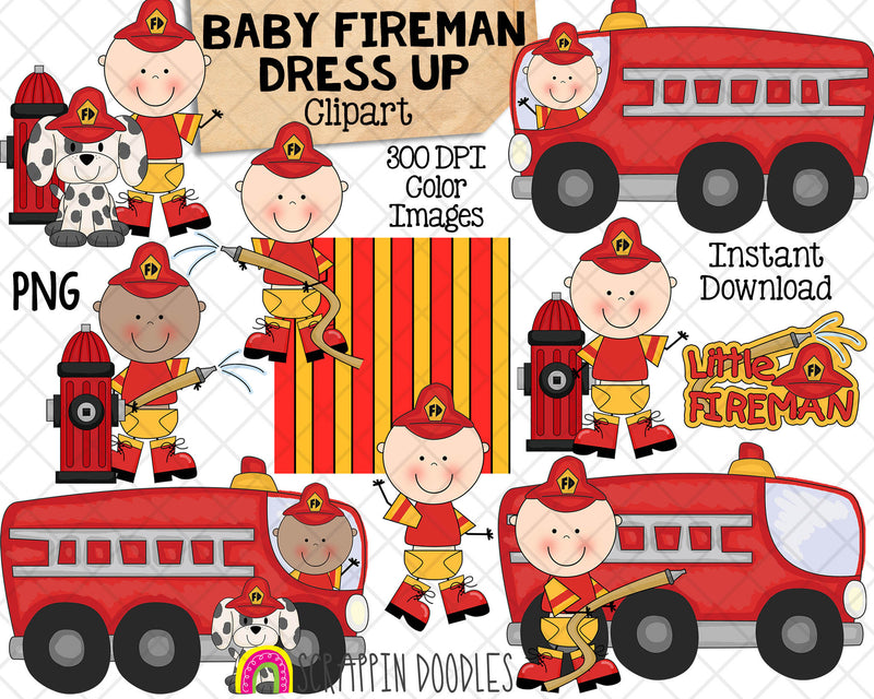 Baby Fireman ClipArt - Baby Boy Fire Trucks - Dalmatian - Hydrant - Nursery Decor - Commercial Use PNG Sublimation
