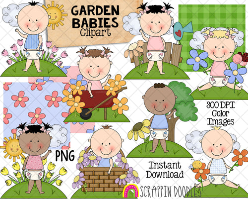 Spring Garden Babies ClipArt - Baby Boys Girls  - Flower Basket Babies - Baby Shower - Commercial Use PNG Sublimation