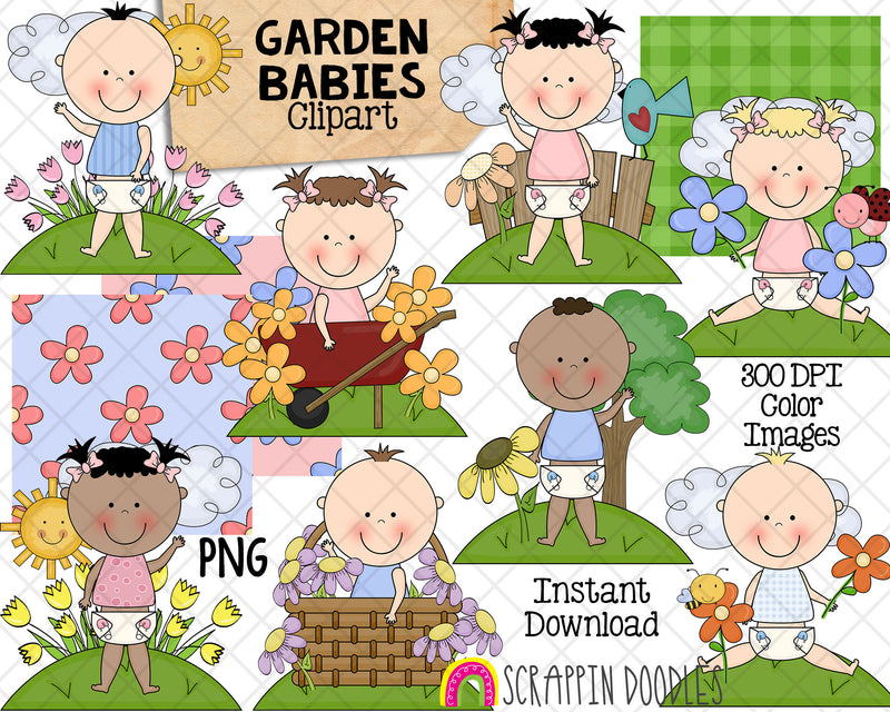 Spring Garden Babies ClipArt - Baby Boys Girls  - Flower Basket Babies - Baby Shower - Commercial Use PNG Sublimation