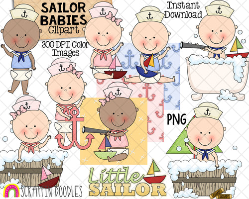 Sailor Babies ClipArt - Bath Tub Baby Boys Girls  - Pink Blue Sailboat Patterns - Baby Shower - Commercial Use PNG Sublimation