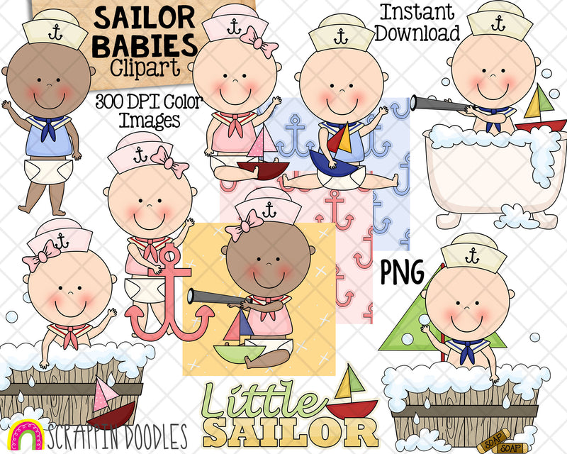 Sailor Babies ClipArt - Bath Tub Baby Boys Girls  - Pink Blue Sailboat Patterns - Baby Shower - Commercial Use PNG Sublimation