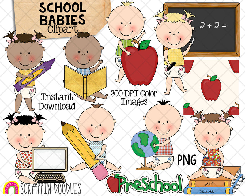 School Babies ClipArt - Baby Boys Girls in School  - Baby Shower - Commercial Use PNG Sublimation