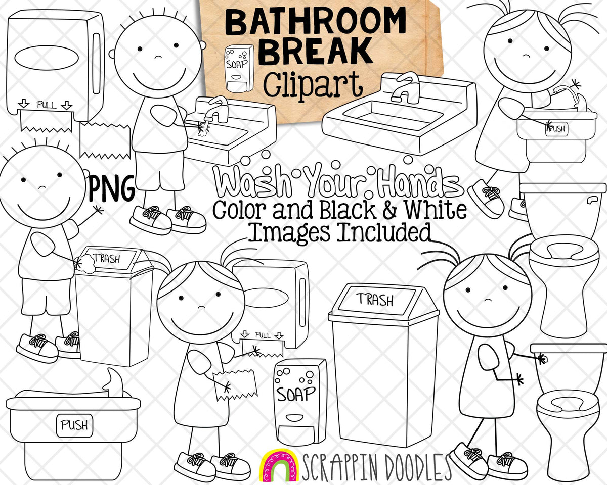 Bathroom Hygiene ClipArt - Restroom - Washing Hands Clip Art - Flush Toilet - Soap Dispenser - Bathroom Sink - Water Fountain - CU Allowed