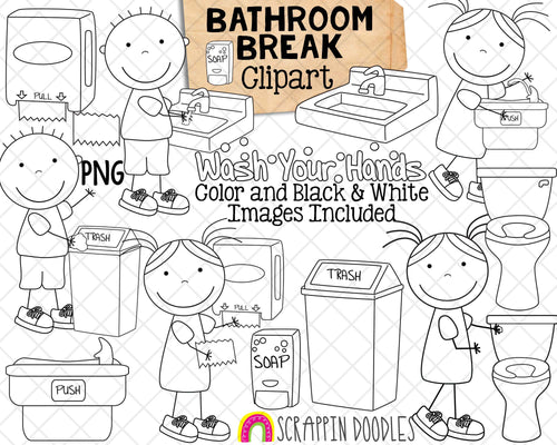 Bathroom Hygiene ClipArt - Restroom - Washing Hands Clip Art - Flush Toilet - Soap Dispenser - Bathroom Sink - Water Fountain - CU Allowed