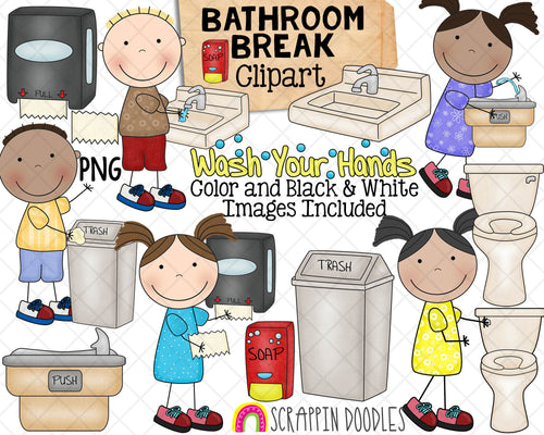 Bathroom Hygiene ClipArt - Restroom - Washing Hands Clip Art - Flush Toilet - Soap Dispenser - Bathroom Sink - Water Fountain - CU Allowed