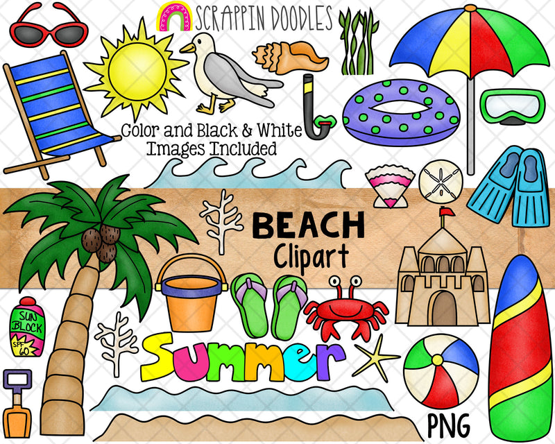 Beach ClipArt - Sandcastle - Summer Sea Clip Art - Palm Tree - Surf Board - Beach Ball - Flippers - Sunscreen - Sublimation PNG