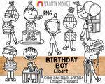 Birthday Clipart - Doodle Boys Birthday Clip Art - Birthday Party Cake - Balloons - Kids Birthday ClipArt - Hand Drawn PNG