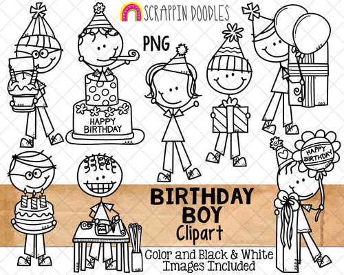 Birthday Clipart - Doodle Boys Birthday Clip Art - Birthday Party Cake - Balloons - Kids Birthday ClipArt - Hand Drawn PNG