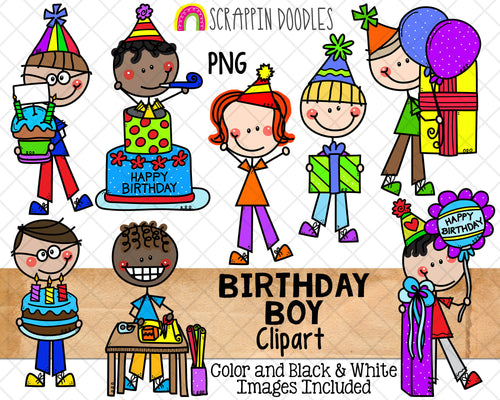 Birthday Clipart - Doodle Boys Birthday Clip Art - Birthday Party Cake - Balloons - Kids Birthday ClipArt - Hand Drawn PNG