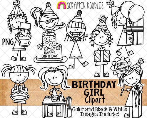 Birthday Clipart - Doodle Girls Birthday Clip Art - Birthday Party Cake - Balloons - Kids Birthday ClipArt - Hand Drawn PNG