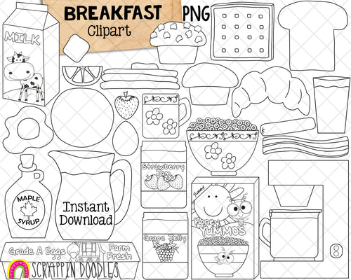 Breakfast Food ClipArt - Brunch - Waffles - Orange Juice - Pancakes - Bacon Slice - Eggs - Croissant - Bowl of Cereal - Commercial Use PNG
