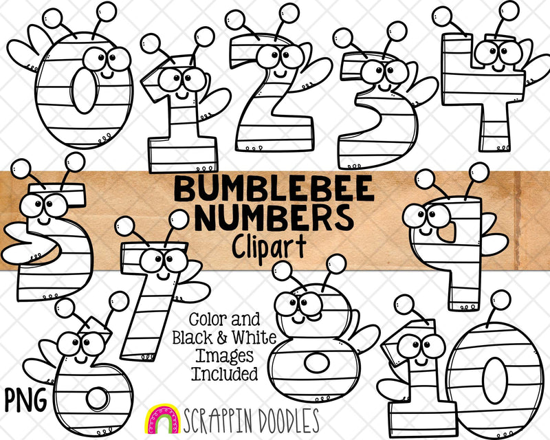 Bumblebee Clipart - Bumble Bee Numbers - Garden Insects - Bee Number 0 to 10 - Spring Garden Bee - Sublimation - Hand Drawn PNG