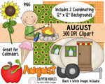 Calendar ClipArt - August Bulletin Board - August ClipArt - Holiday ClipArt - Digital Stickers - Sunflower ClipArt - Camping Graphics