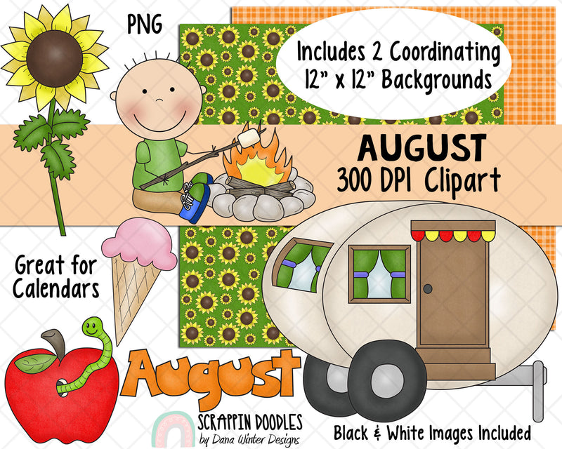 Calendar ClipArt - August Bulletin Board - August ClipArt - Holiday ClipArt - Digital Stickers - Sunflower ClipArt - Camping Graphics