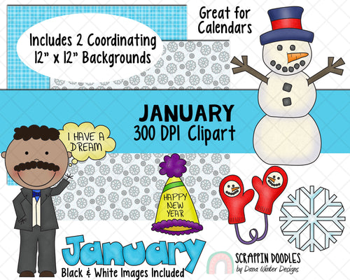 Calendar ClipArt - January Bulletin Board - January ClipArt - Holiday ClipArt - Digital Stickers - Winter ClipArt - Martin Luther King