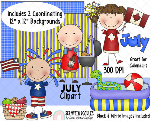 Calendar ClipArt - July Bulletin Board - July ClipArt - Holiday ClipArt - Digital Stickers - Canada Day ClipArt - Independence Day ClipArt