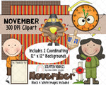 Calendar Clip Art - November Bulletin Board - November ClipArt - Holiday ClipArt - Digital Stickers - Fall Back Clock - Thanksgiving ClipArt 
