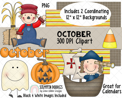 Calendar ClipArt - October Bulletin Board - October ClipArt - Holiday ClipArt - Digital Stickers - Christopher Columbus - Halloween ClipArt 