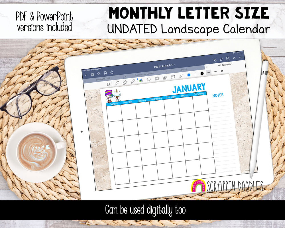 UNDATED Landscape Calendar - Printable and Digital Monthly Calendar ...