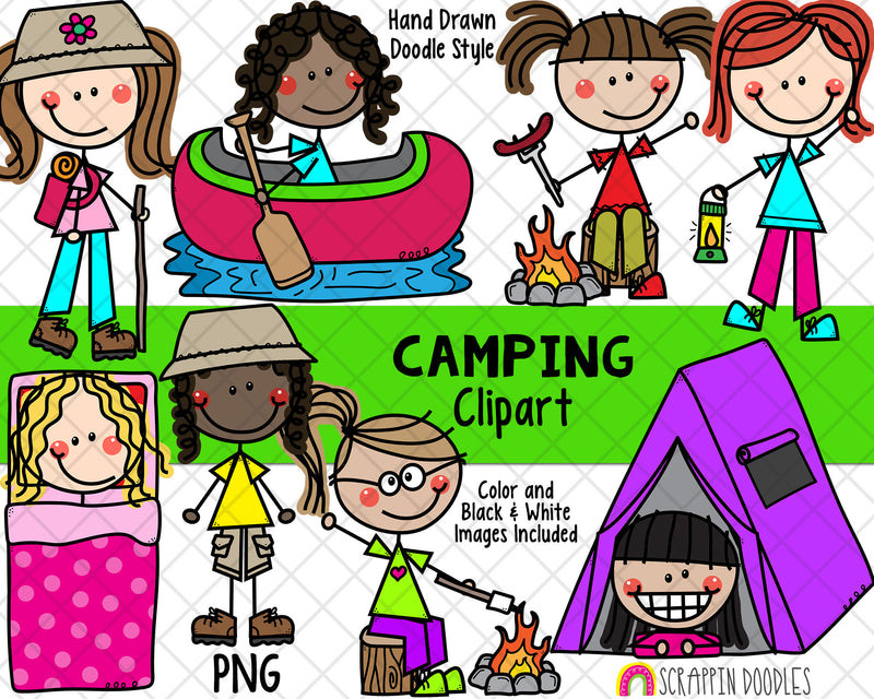 Camping Clipart - Doodle Girls Camping - Backpacking ClipArt - Hiking ClipArt