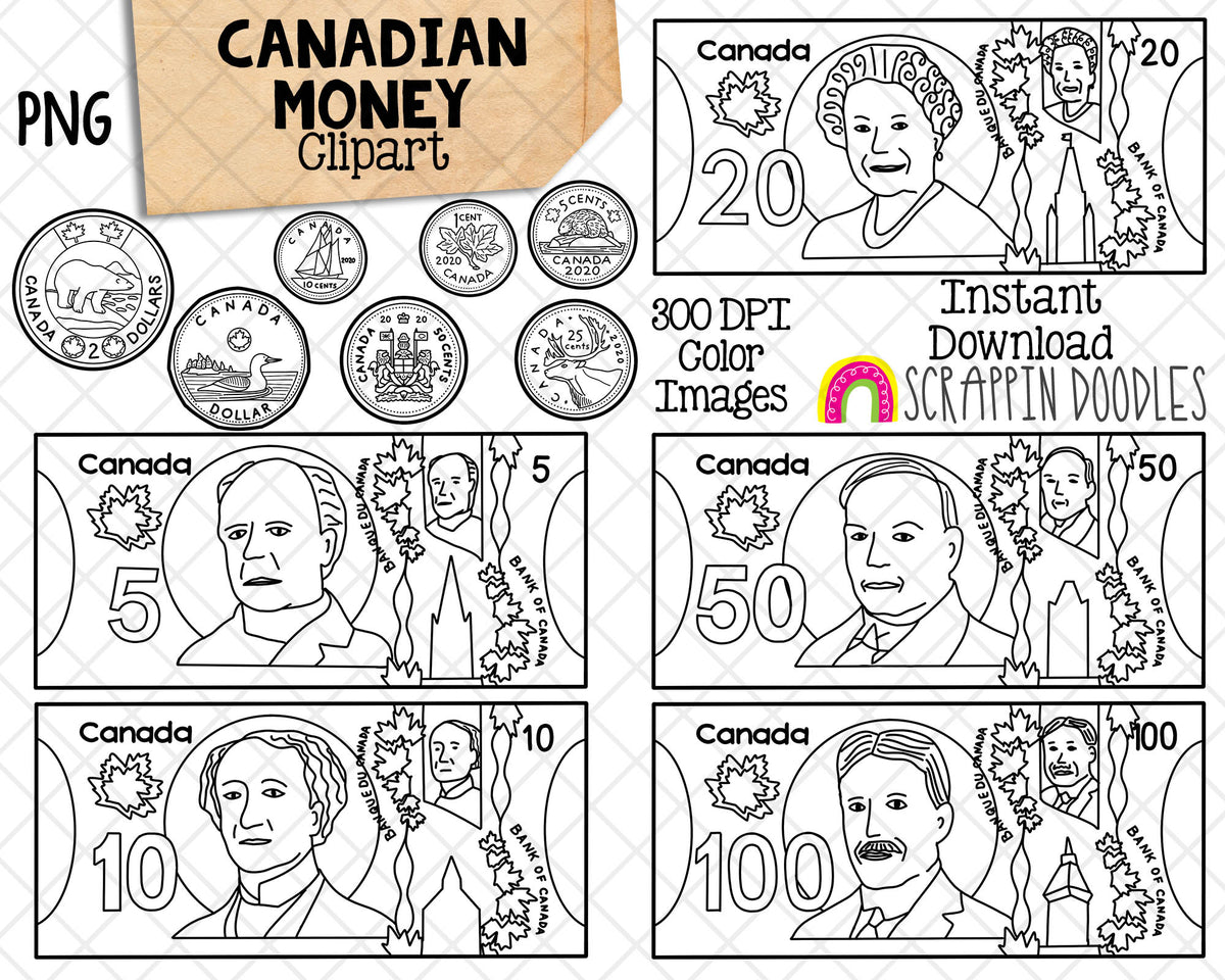 CanadianMoney ClipArtBW canadian money clipart - currency graphics - play money - cartoon
