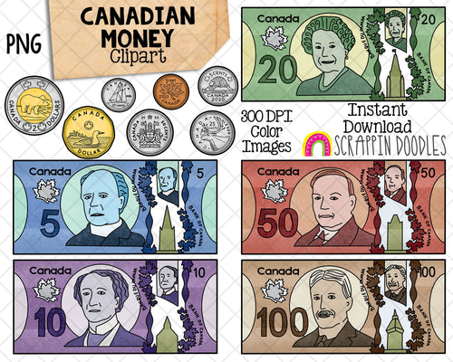 Canadian Money ClipArt - Currency Graphics - Coins - Loonie - Twonie - Play Money - Cartoon Cash - Commercial Use PNG