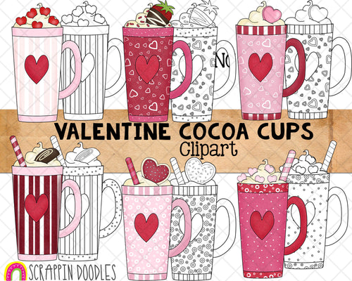 Valentine Cocoa Cups ClipArt - Hot Chocolate - Valentine's Day Coffee Mugs - Sublimation - Commercial Use - PNG