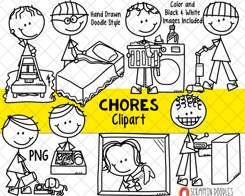 Household Chores ClipArt -Doodle Boys Chores Clipart - Kids Doing Chores ClipArt - Cleaning Clipart- Household Clipart - Hand Drawn PNG