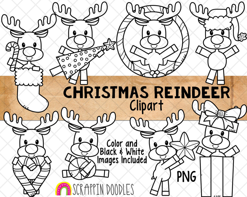 Christmas Reindeer Clip Art - Rudolph Red Nose Graphics - Santas Reindeer - Hand Drawn PNG