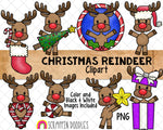 Christmas Reindeer Clip Art - Rudolph Red Nose Graphics - Santas Reindeer - Hand Drawn PNG